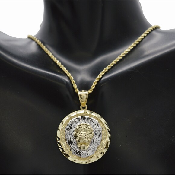Real 10k Yellow Solid Gold Lion Head Medallion Pendant + Rope Chain 16"-24"